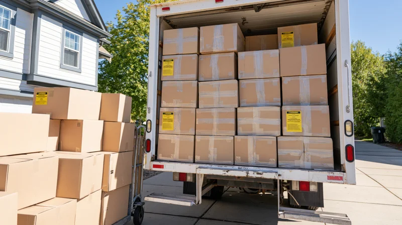 Open moving truck loaded with cardboard boxes backed into a residential driveway beside a house