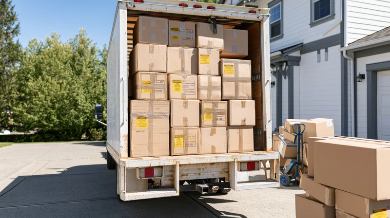 Moving truck loaded with cardboard boxes backed into a residential driveway near a house