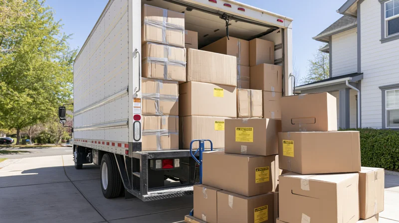 Moving truck backed into residential driveway with boxes loaded in open cargo area