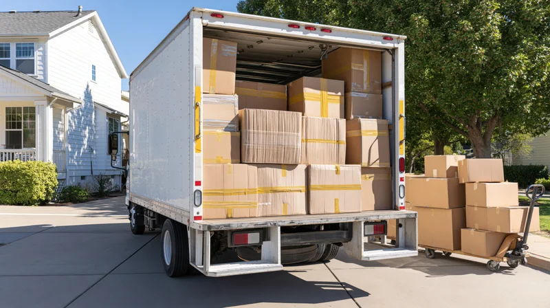 Moving truck with open cargo area loaded with cardboard boxes backed into a residential driveway