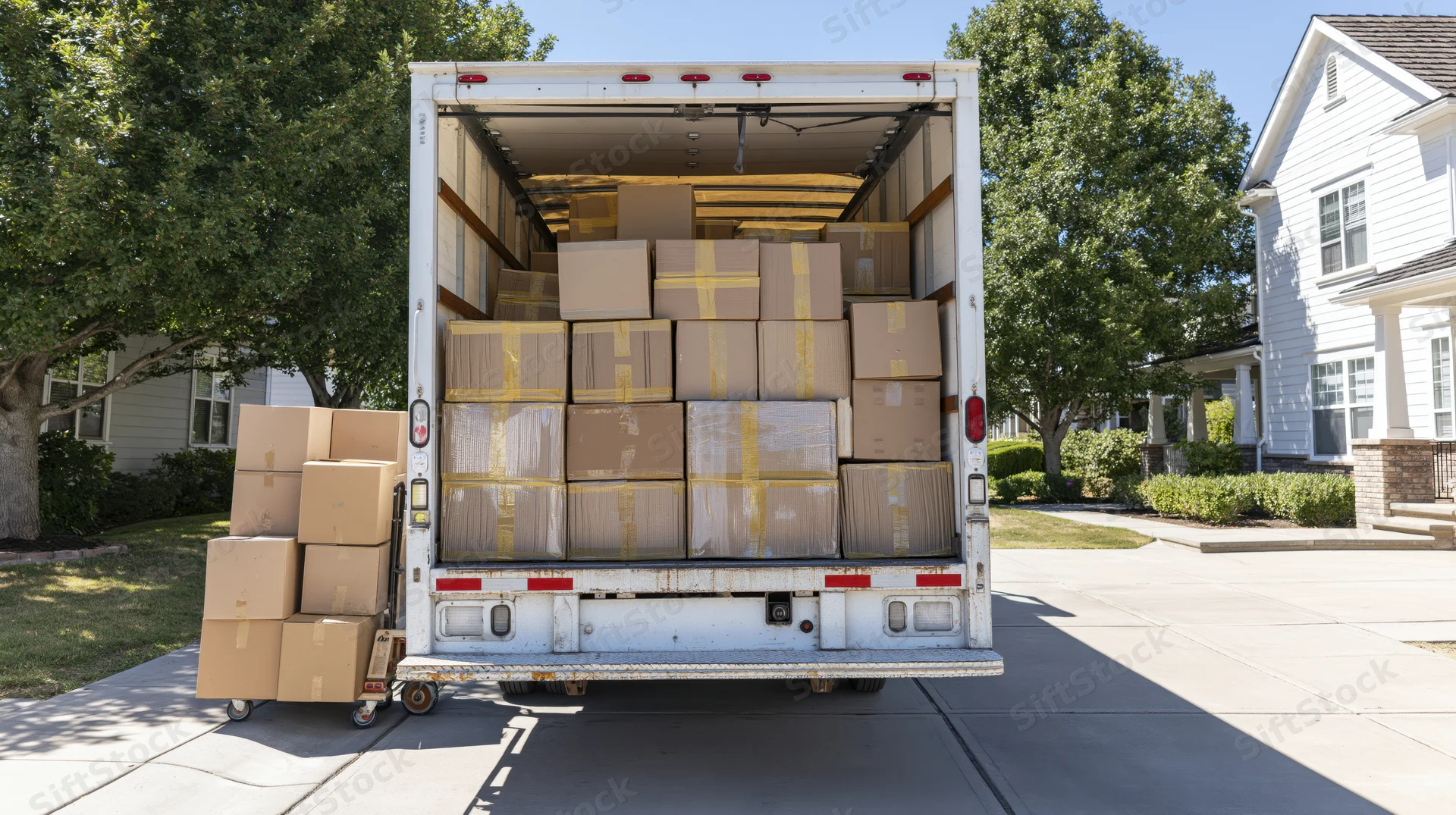Open moving truck backed into residential driveway with stacked boxes and additional cart nearby
