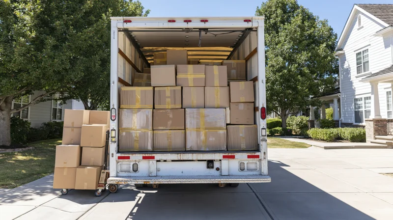Open moving truck backed into residential driveway with stacked boxes and additional cart nearby
