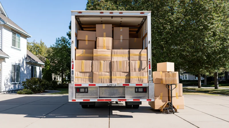 Open moving truck backed into residential driveway with boxes loaded in cargo area and hand truck beside it
