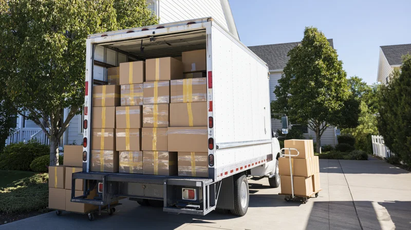 Open moving truck loaded with cardboard boxes backed into a residential driveway