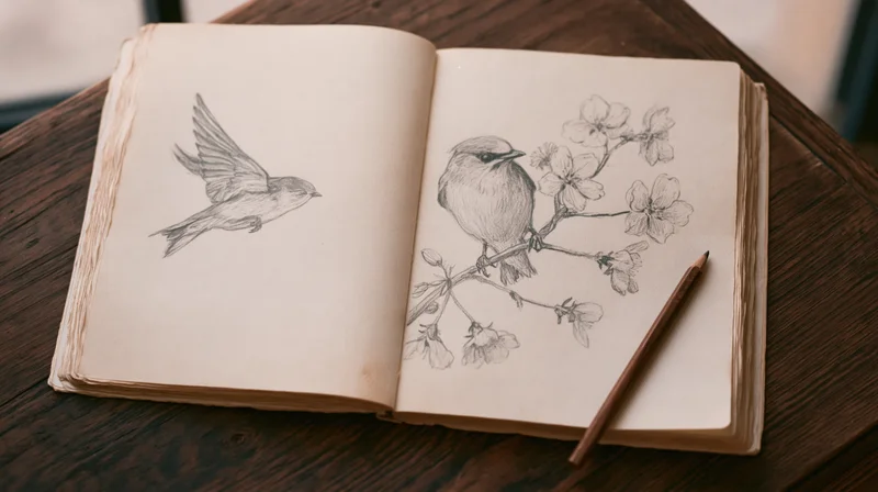 Open sketchbook with bird and blossom drawings on wooden desk, pencil resting on page