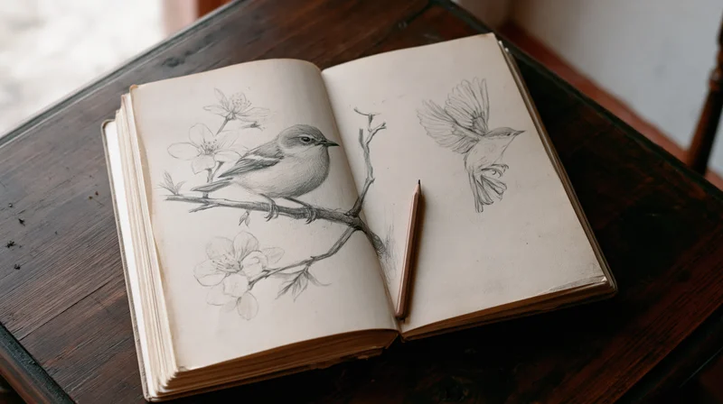 Open sketchbook with bird and flower drawings lying on dark wooden desk with pencil resting on page