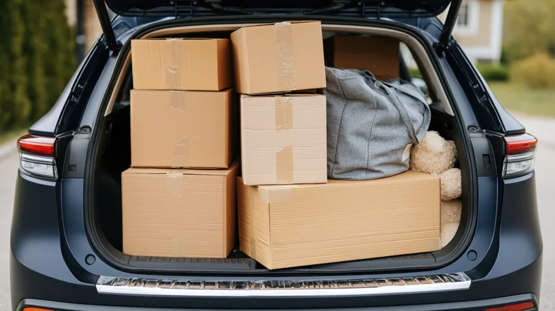 Open trunk of dark navy SUV filled with cardboard boxes and household items for moving