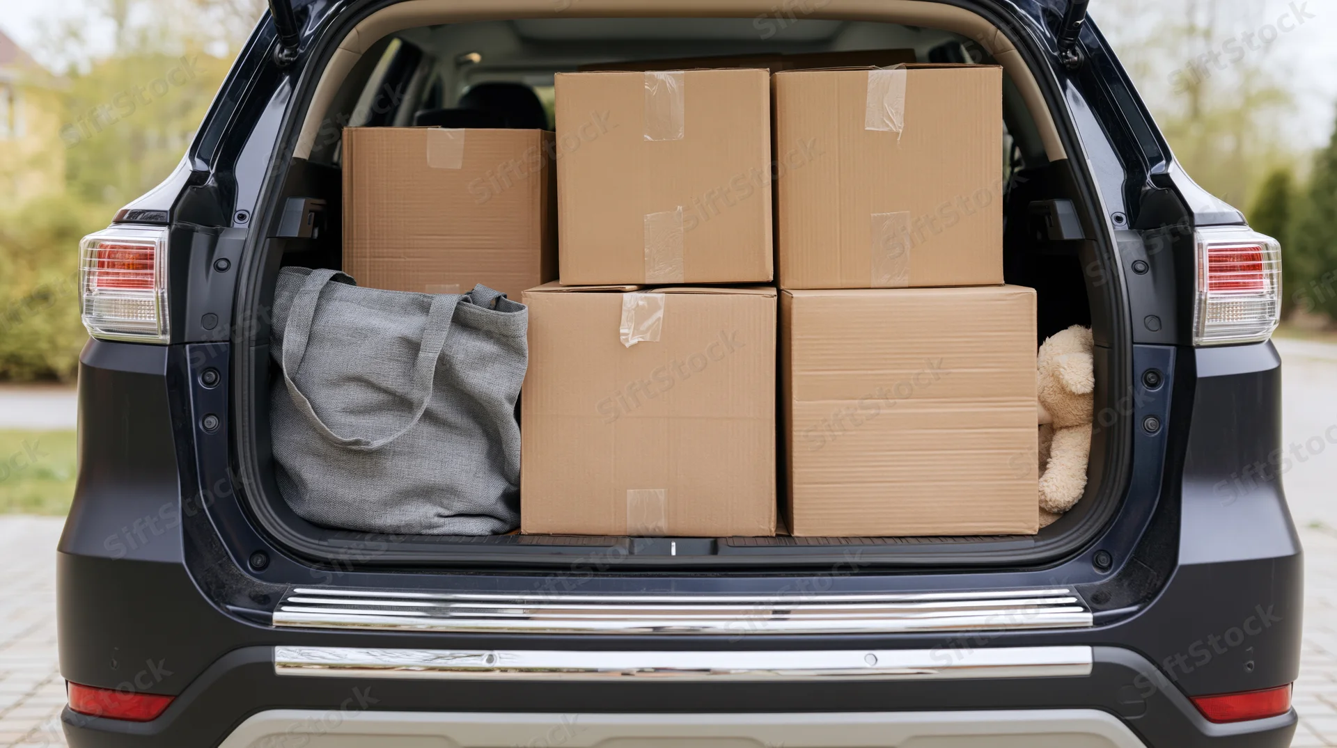 Open trunk of dark navy suv packed with cardboard boxes and a tote bag, stuffed animal visible, outdoors