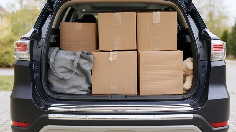 Open trunk of dark navy suv packed with cardboard boxes and a tote bag, stuffed animal visible, outdoors