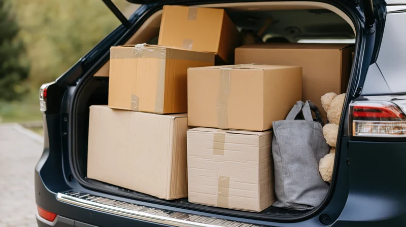 Open trunk of dark navy suv filled with cardboard boxes and a tote bag, outdoors during daytime