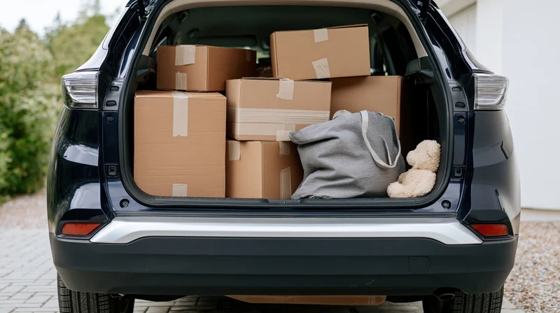 Open trunk of dark navy suv filled with cardboard boxes and household items in driveway