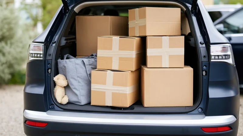 Open trunk of dark navy SUV filled with stacked cardboard boxes and a gray bag with a teddy bear inside, outdoors during daytime