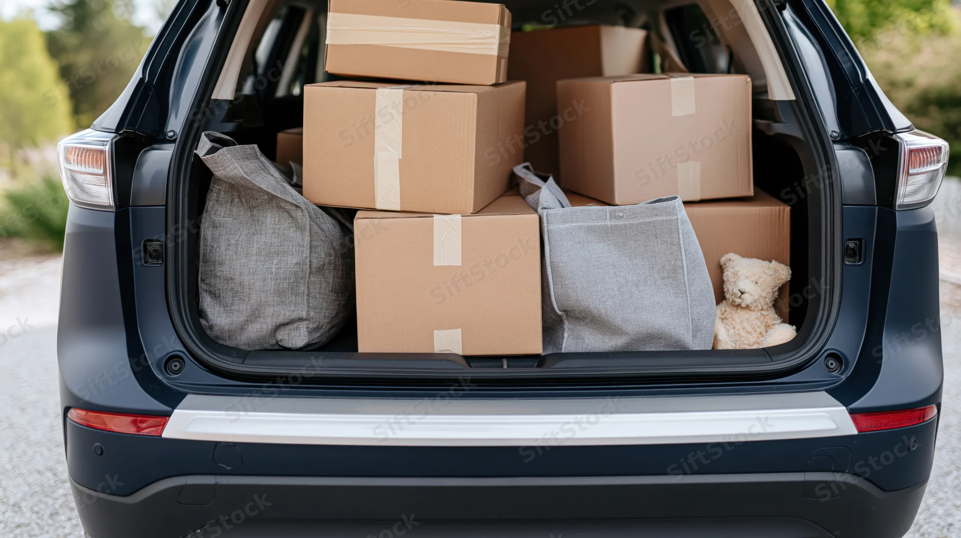 Open trunk of dark navy suv filled with cardboard boxes and household items for moving