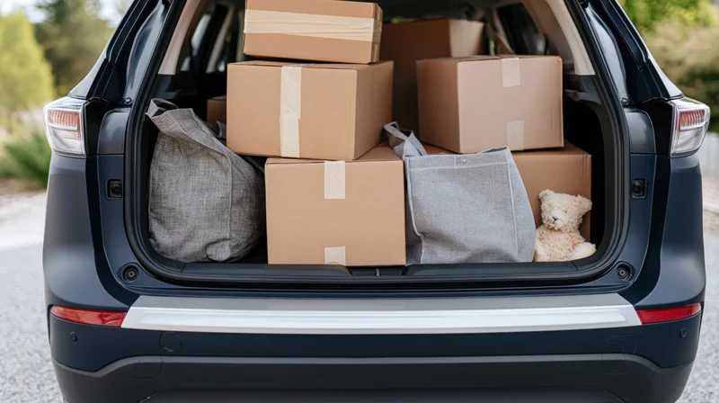 Open trunk of dark navy suv filled with cardboard boxes and household items for moving
