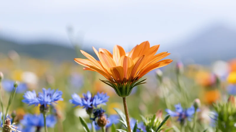 Orange gazania wildflower in full bloom among blue cornflowers in a sunlit meadow