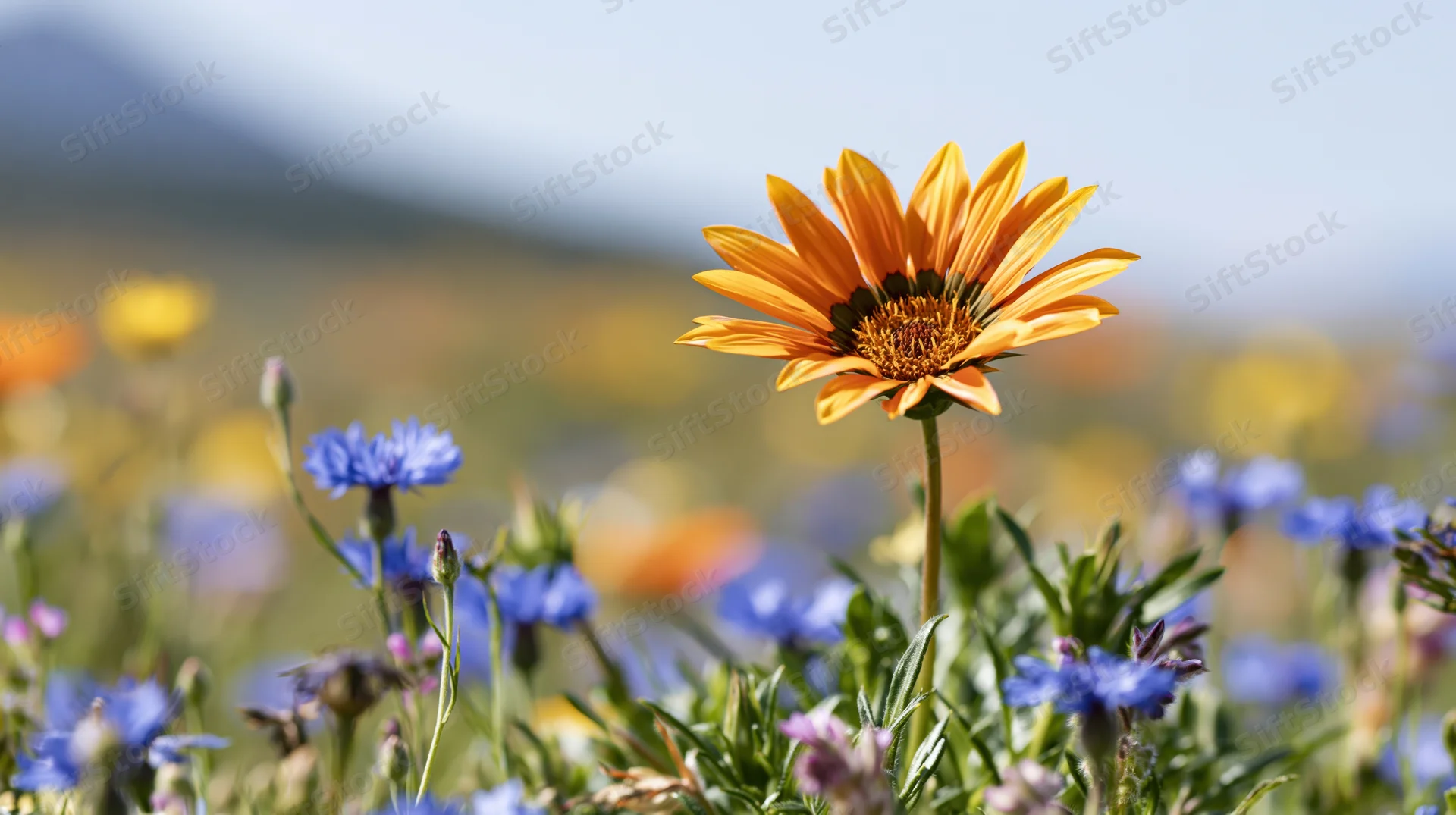 Orange gazania wildflower in full bloom among blue flowers in a sunlit meadow