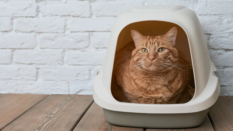 Orange tabby cat crouching inside hooded plastic litter box on wooden floor against white brick wall