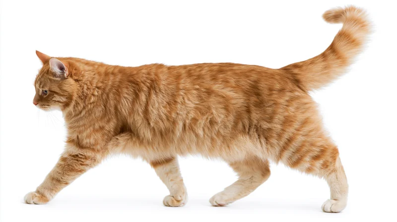 Orange tabby cat walking midstride in profile against white background