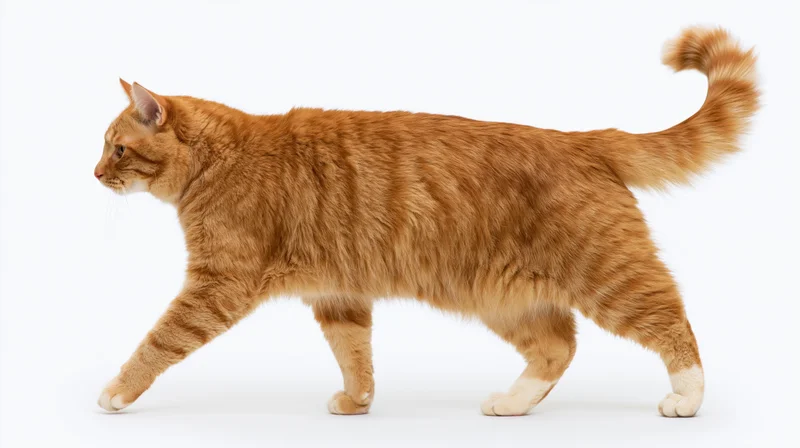 Orange tabby cat walking midstride in profile against white background