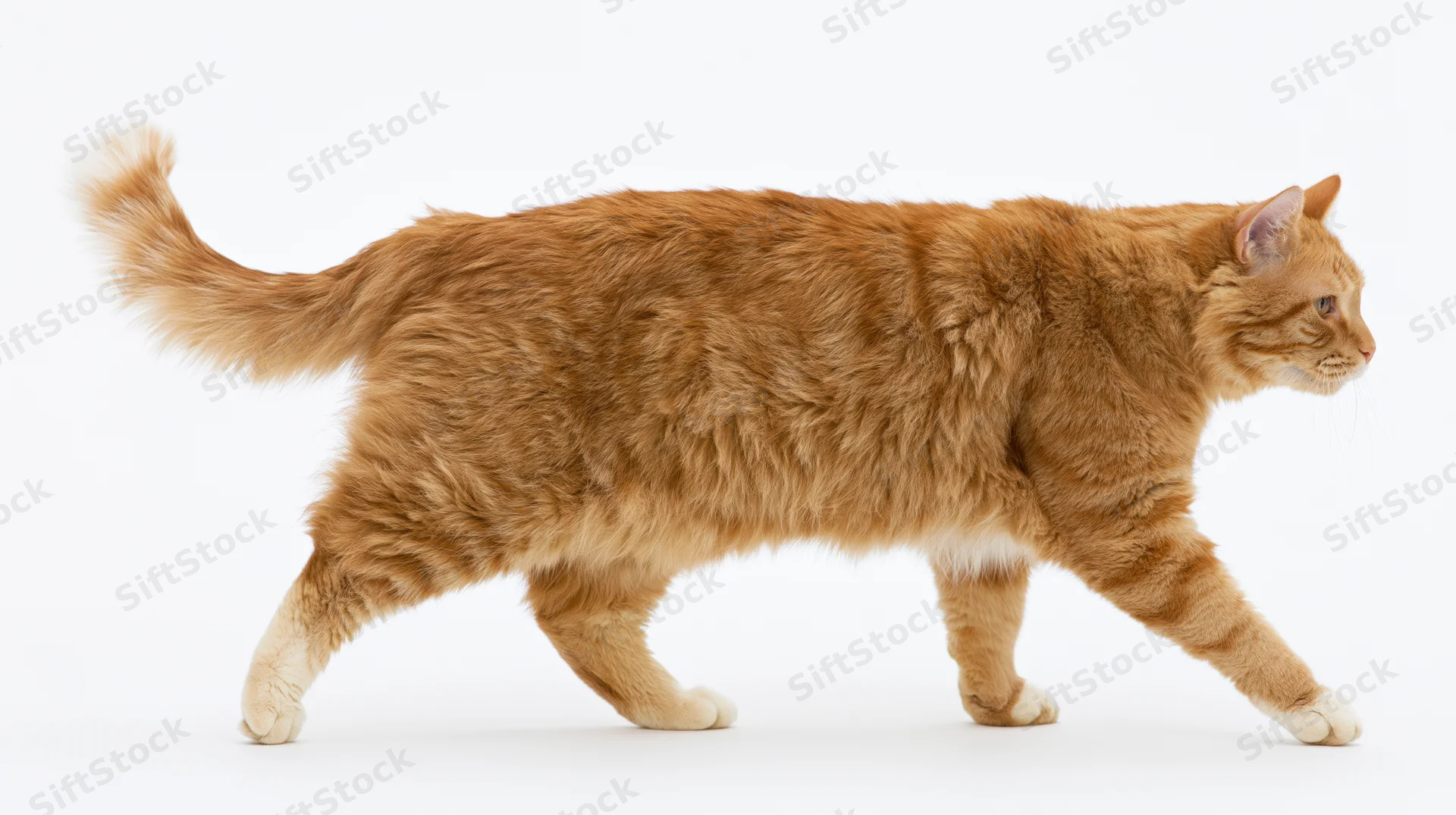 Orange tabby cat walking midstride with tail curved upward on white background