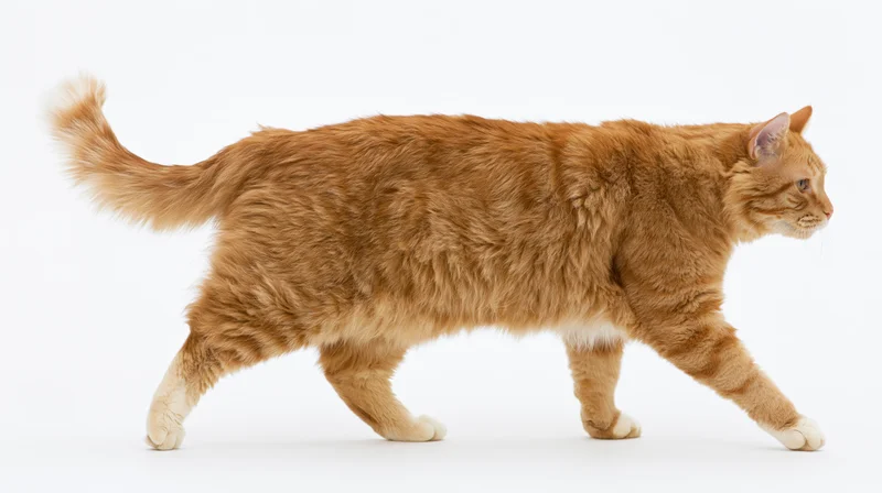 Orange tabby cat walking midstride with tail curved upward on white background