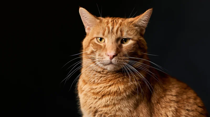Orange tabby cat sitting upright looking directly into camera against black background