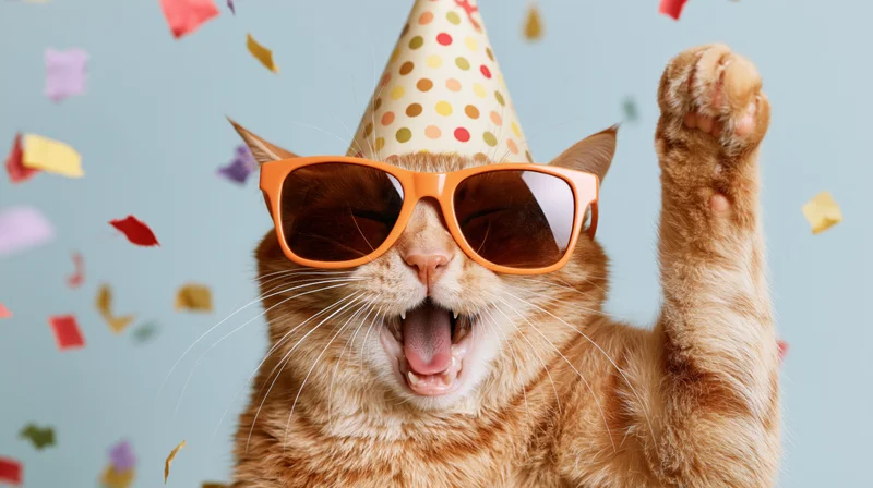 Orange tabby cat wearing oversized sunglasses and a party hat, raising a paw amidst falling confetti against a light blue background
