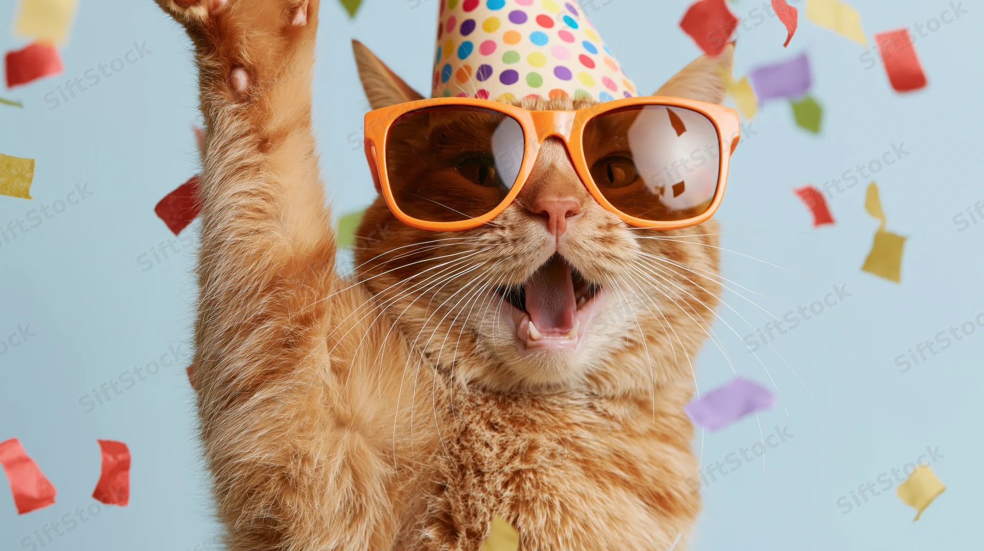 Orange tabby cat wearing oversized orange sunglasses and a polka dot party hat, raising one paw amidst falling confetti against a light blue background
