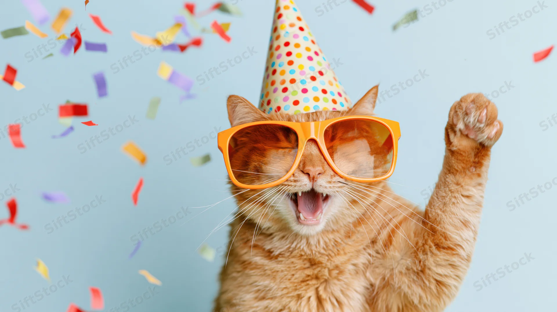 Orange tabby cat wearing oversized sunglasses and a party hat, raising a paw amidst falling confetti against a light blue background