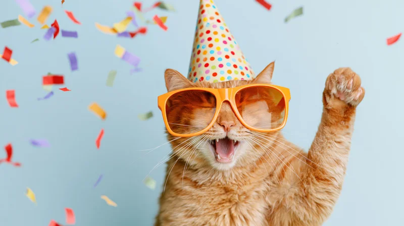 Orange tabby cat wearing oversized sunglasses and a party hat, raising a paw amidst falling confetti against a light blue background