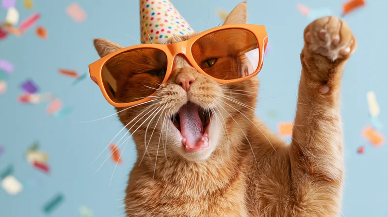 Orange tabby cat wearing oversized sunglasses and a party hat, raising a paw with mouth open amidst falling confetti