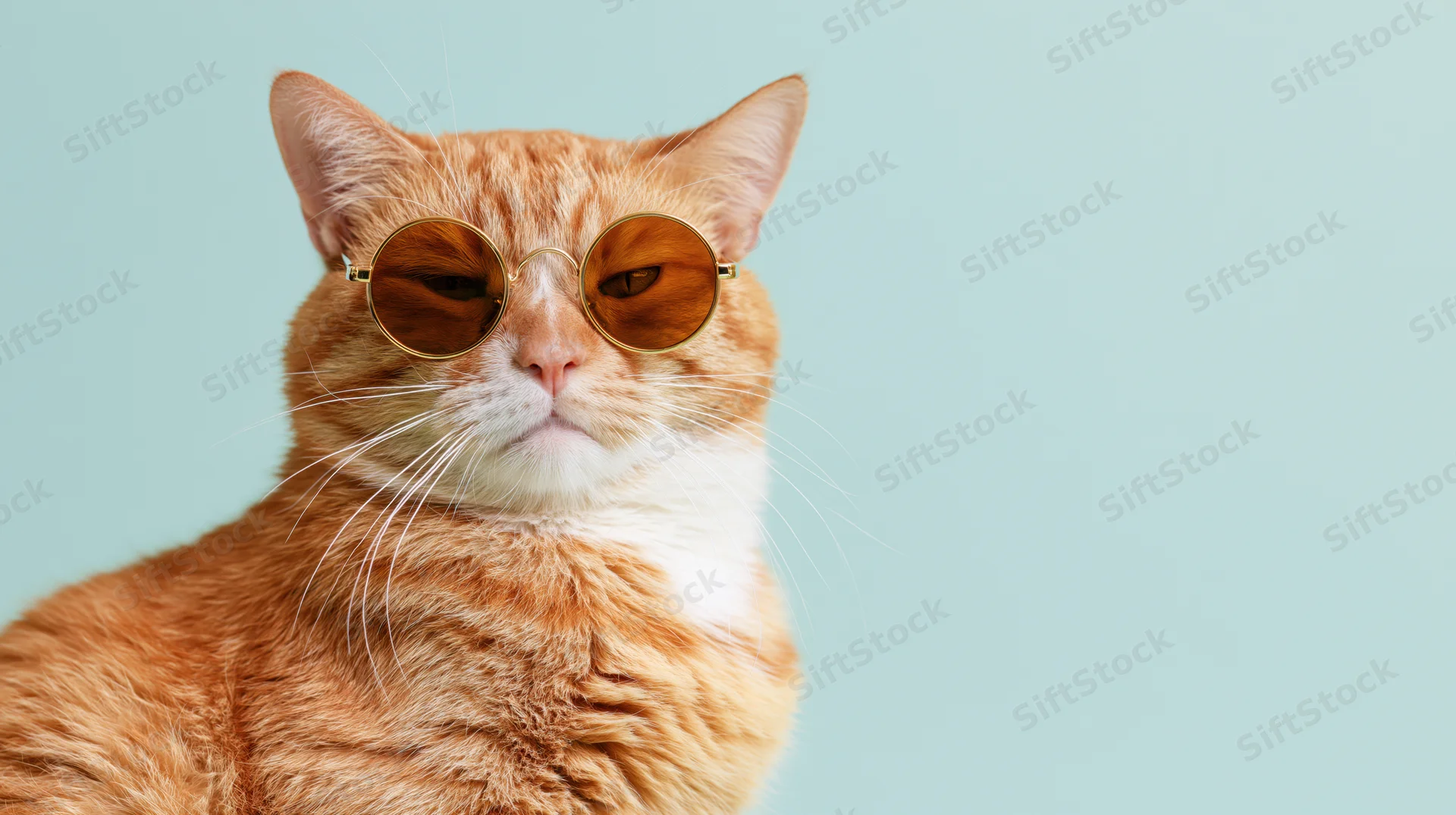 Orange tabby cat wearing round gold-framed sunglasses in studio portrait with light blue background