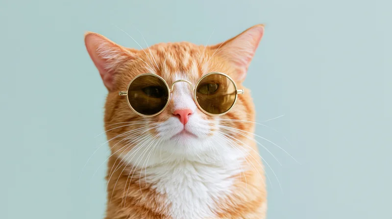 Orange tabby cat wearing small round gold-framed sunglasses in studio portrait against mint background