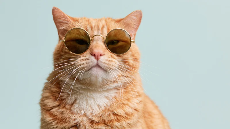 Orange tabby cat wearing small round gold-framed sunglasses in studio portrait