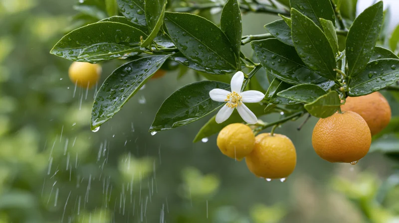 Orange tree branch with ripe tangerines and a white blossom in rain
