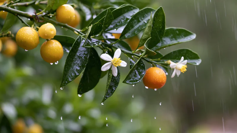 Orange tree branch with tangerines and blossoms in rain