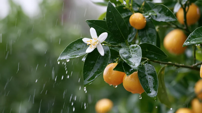 Tangerine tree branch with white blossom and raindrops on leaves in garden