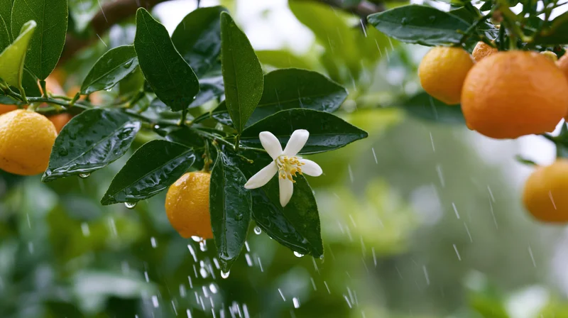 Orange tree branch with ripe tangerines and a white blossom in rain