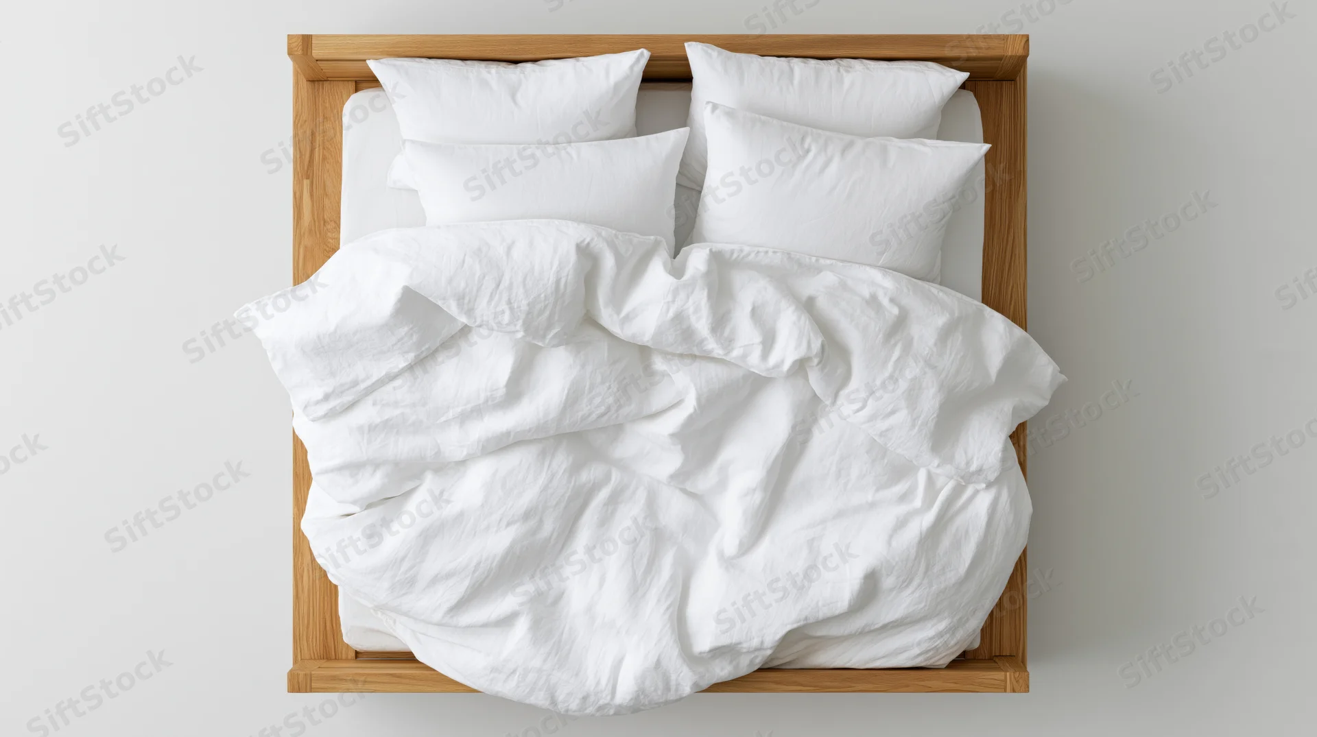 Overhead view of a double bed with white bedding and wooden frame in a minimalist bedroom