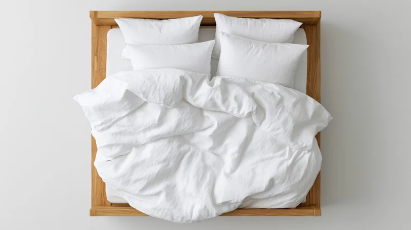 Overhead view of a double bed with white bedding and wooden frame in a minimalist bedroom