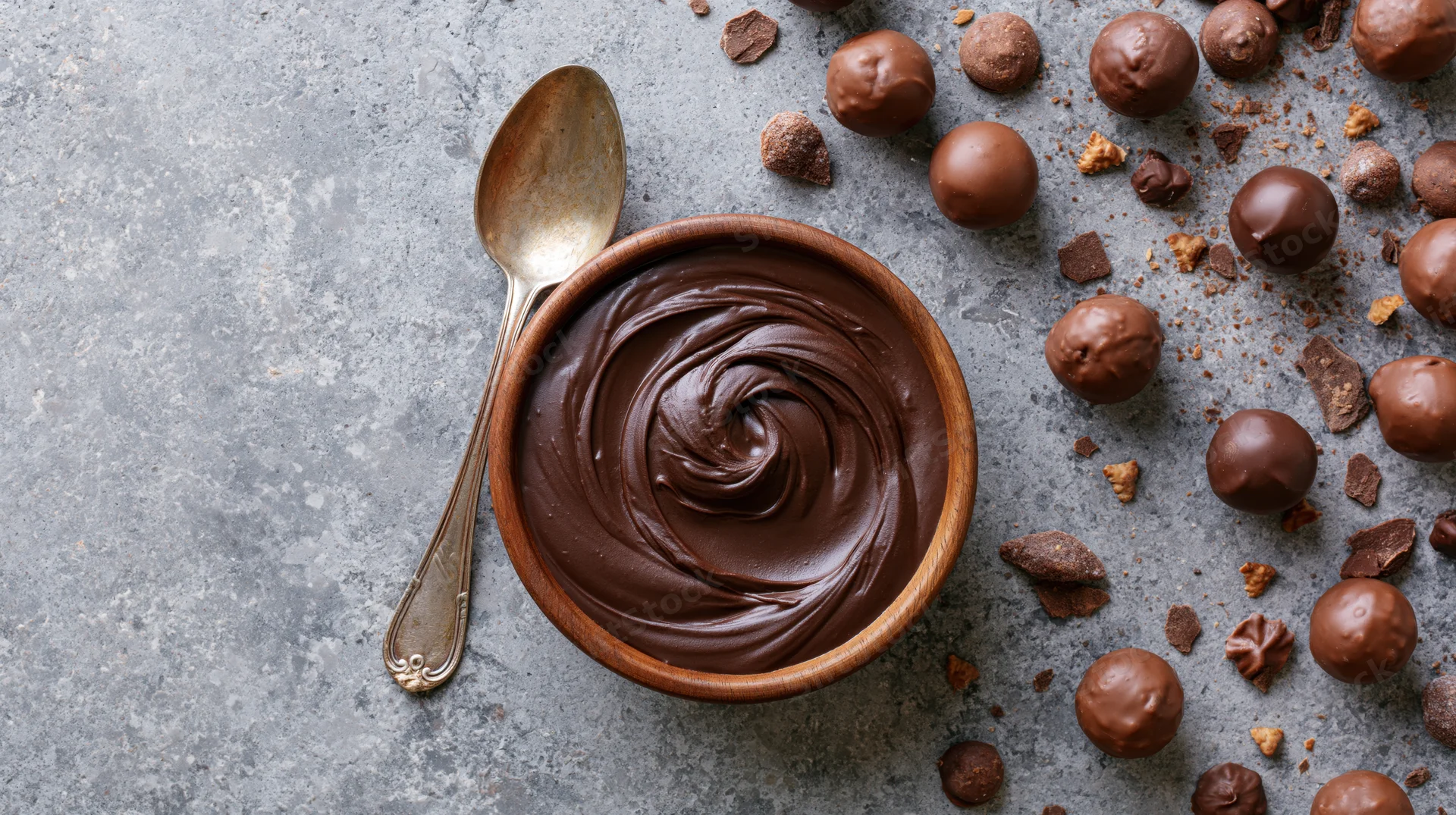 Wooden bowl filled with swirled melted chocolate and chocolate balls on gray stone surface with spoon beside it