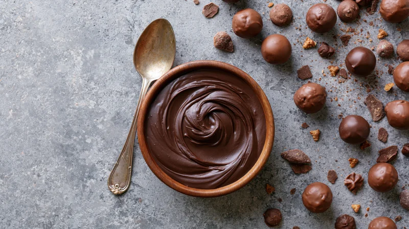 Wooden bowl filled with swirled melted chocolate and chocolate balls on gray stone surface with spoon beside it