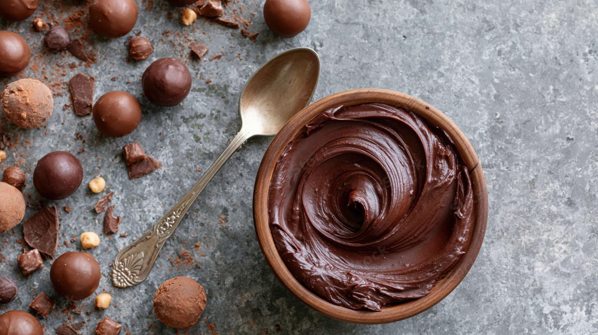 Wooden bowl filled with swirled melted chocolate, spoon and chocolate truffles on gray surface