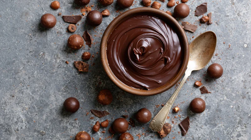 Overhead flat lay of a wooden bowl filled with swirled melted chocolate and scattered chocolate pieces on a gray surface with a spoon beside it