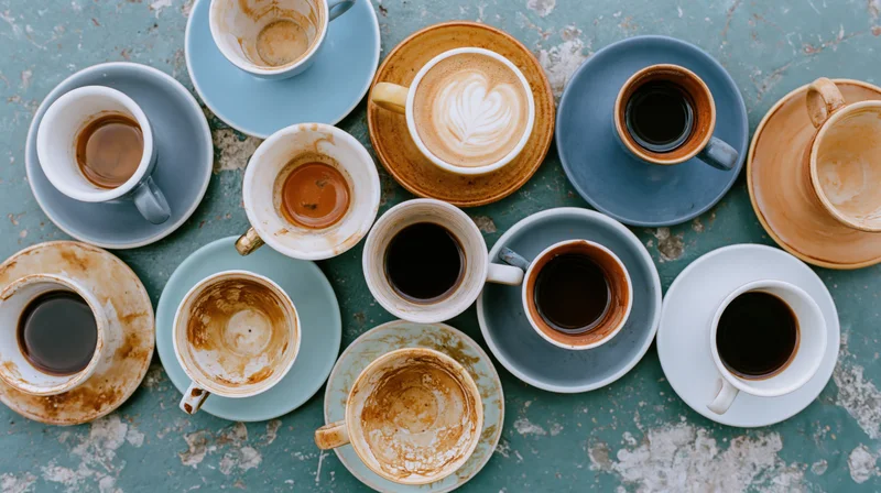 Overhead flat lay of various coffee cups and saucers arranged on a textured teal surface