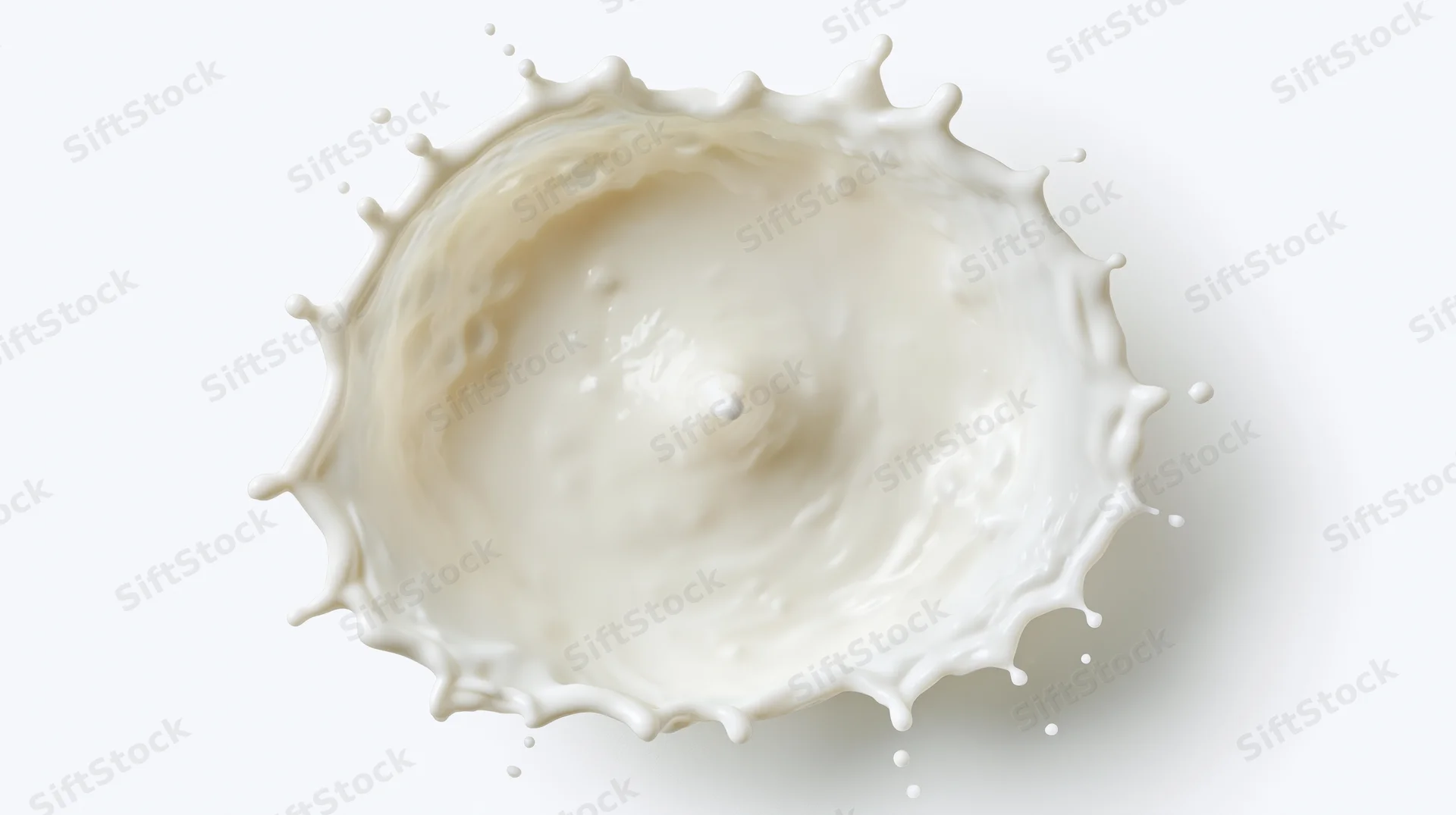 Overhead view of a white milk splash forming a crown shape against a plain white background