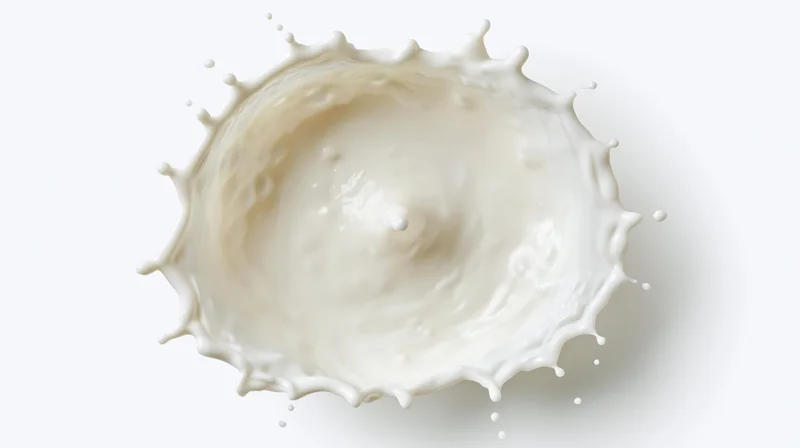 Overhead view of a white milk splash forming a crown shape against a plain white background