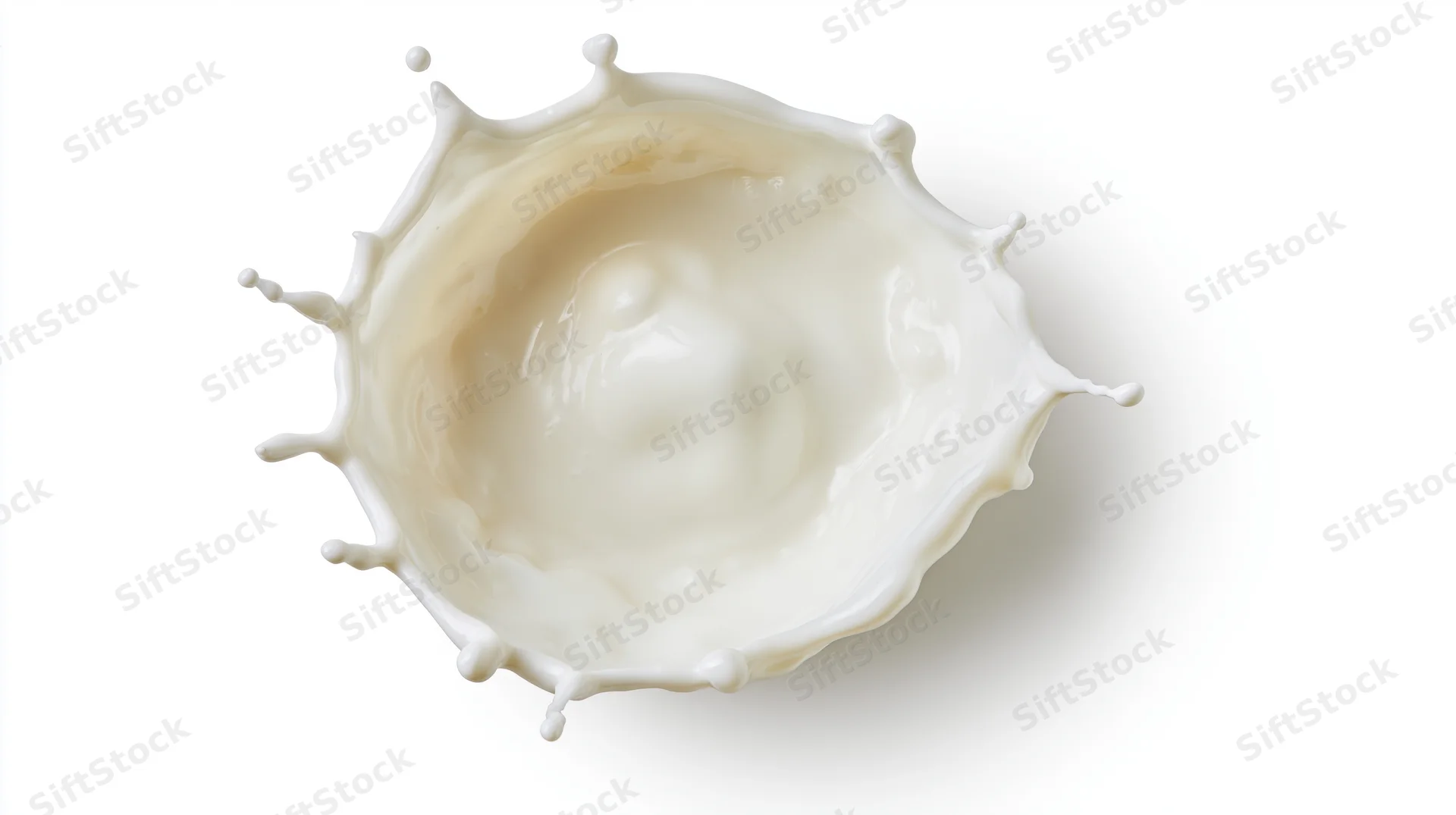 Overhead view of a white milk splash crown captured in mid-air against a plain white background