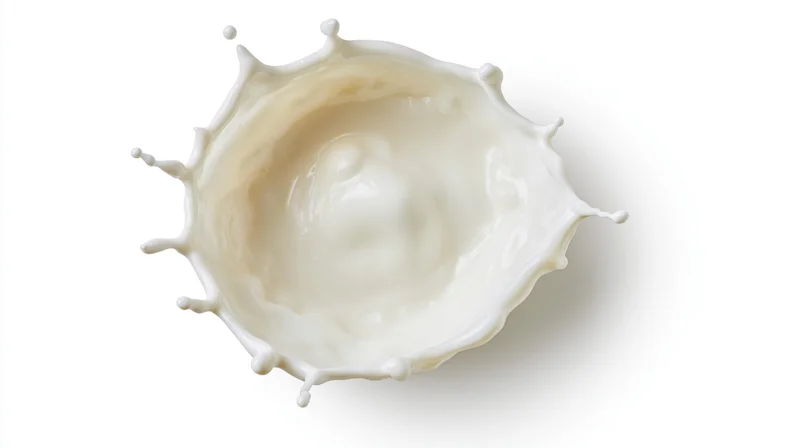 Overhead view of a white milk splash crown captured in mid-air against a plain white background