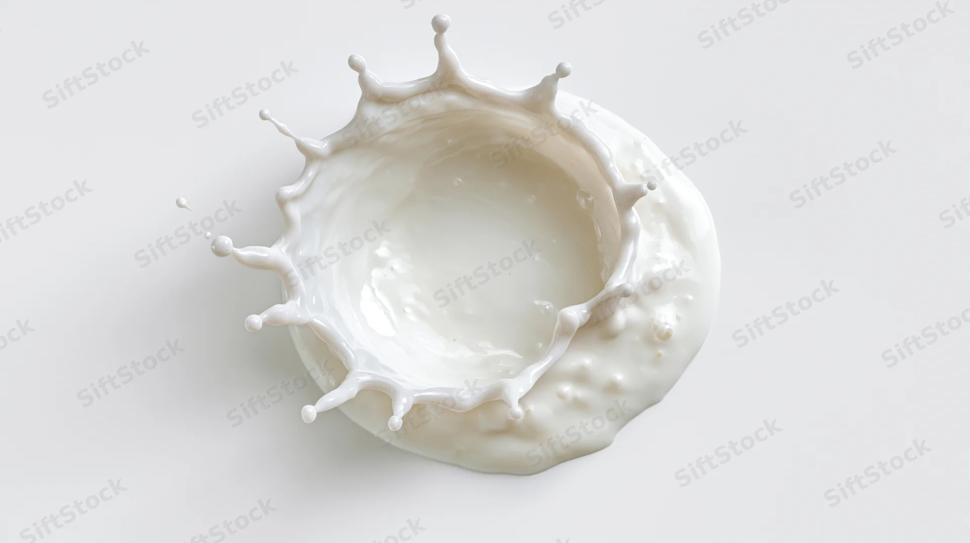 Overhead view of a white milk splash forming a crown shape on a plain surface